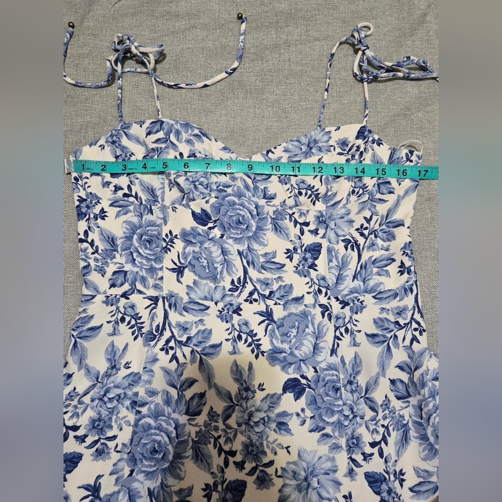 ​Petal & Pup Blue Floral Tie Strap Midi Dress Smocked Back Front Side Slit - Picture 10 of 16